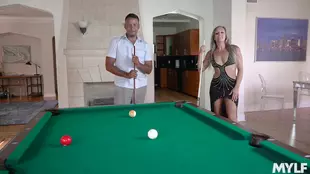 A blonde mother gets wild on the billiard table