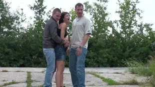 Outdoor threesome with humiliation and oral sex in a short skirt