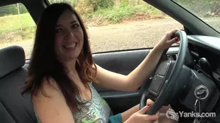Amber Alias' intense car ride results in a shuddering climax while using a dildo