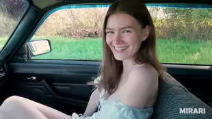 Mirari's erotic journey in the car: A stunning brunette's outdoor adventure