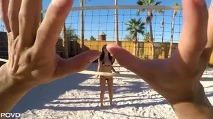 Ashley Adams indulges in some risqué beach fun, including volleyball and erotic butt actions