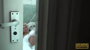 A blonde woman gives her partner a blowjob and rides him in the shower