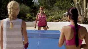 Michelle, Christy Charming, and Jenny Anne engage in a hot lesbian threesome while playing with a paddle ball