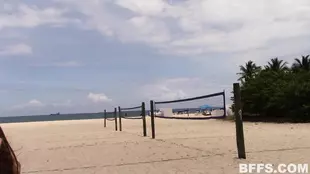 Dillion and Richie, American athletes, engage in intense beach volleyball match