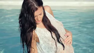 Hanna, a beautiful European brunette, becomes emotional during anal sex by the pool