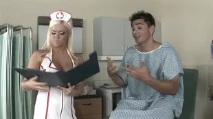 Blonde American doctor performs sensual oral sex on examination table